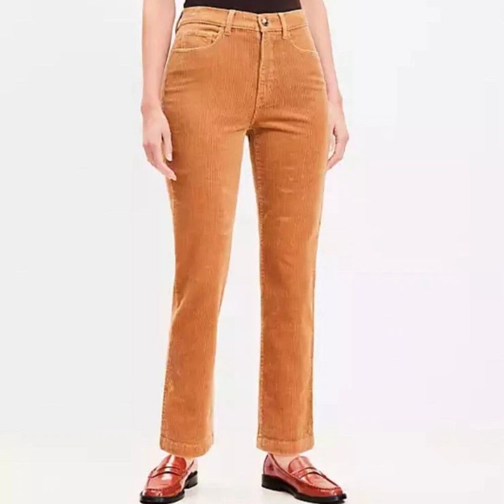 LOFT Straight Crop Corduroy Pants 31 Caramel Brown High Rise Stretch NWT